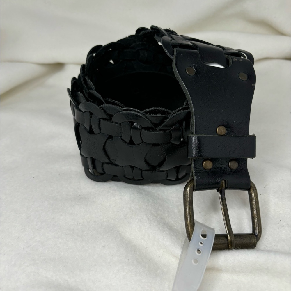 Genuine Leather Wide Weave Boho Belt Black Sz L 36" Old Navy 2006